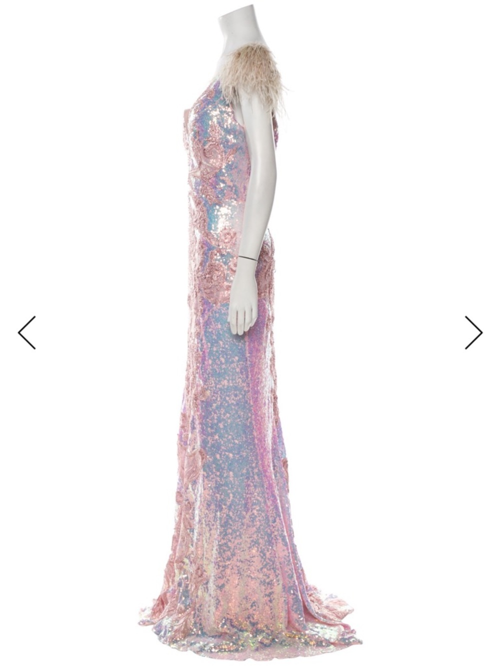 Portia & Scarlett Pink Blue Sequin Evening Gown with Feather Shoulders - Picture 2 of 16